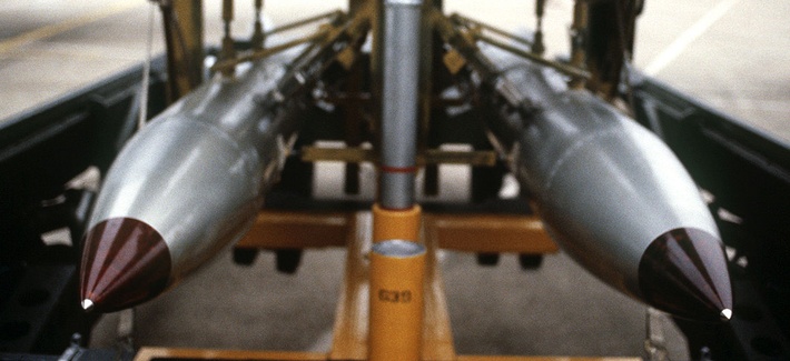 Four B-61 nuclear bombs racked at Barksdale Air Force Base, La., in 1986. Four B-61 nuclear bombs racked at Barksdale Air Force Base, La., in 1986.