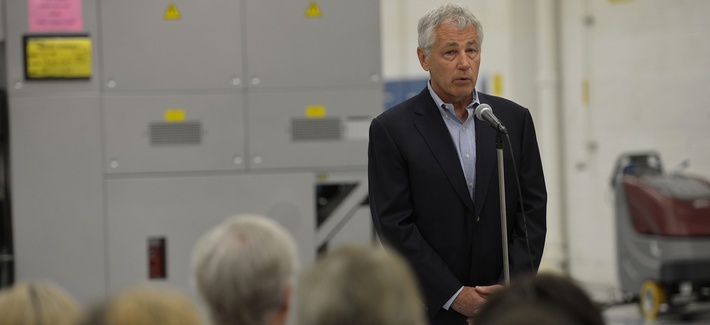 Defense Secretary Chuck Hagel delivers remarks to civilian employees of the Fleet Readiness Center at NAS Jacksonville, Fla., after touring their facility on July 16. Defense Secretary Chuck Hagel delivers remarks to civilian employees of the Fleet Readiness Center at NAS Jacksonville, Fla., after touring their facility on July 16.