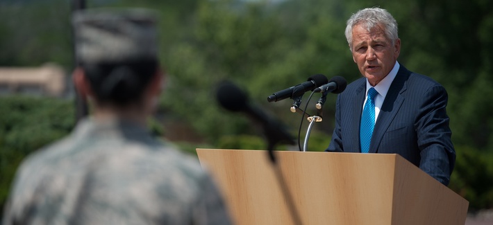 Secretary of Defense Chuck Hagel talks answers a question from an airman at Offutt Air Force Base, Nebraska, on June 20, Secretary of Defense Chuck Hagel talks answers a question from an airman at Offutt Air Force Base, Nebraska, on June 20,
