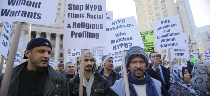 Protestors speak out against the NYPD's surveillance operations targeting Muslim communities