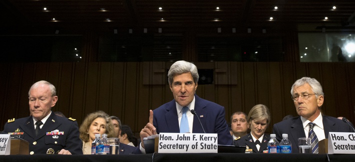 Secretary of State John Kerry, Secretary of Defense Chuck Hagel, and Chairman of the Joint Chiefs of Staff Martin Dempsey at a Senate Foreign Relations Committee hearing Secretary of State John Kerry, Secretary of Defense Chuck Hagel, and Chairman of the Joint Chiefs of Staff Martin Dempsey at a Senate Foreign Relations Committee hearing
