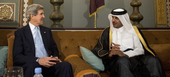 Qatar's leader Sheik Tamim bin Hamad Al Thani speaking with Secretary of State John Kerry Qatar's leader Sheik Tamim bin Hamad Al Thani speaking with Secretary of State John Kerry