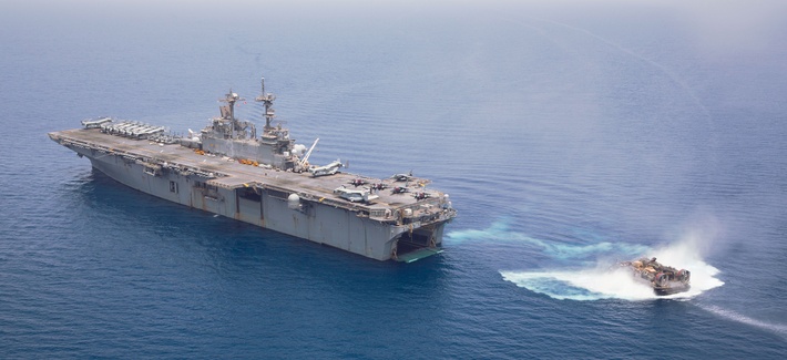 The amphibious assault ship USS Kearsarge conducting operations in the 5th fleet AOR The amphibious assault ship USS Kearsarge conducting operations in the 5th fleet AOR