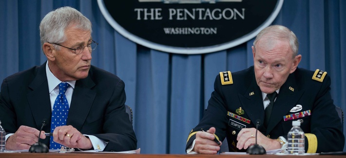 Secretary of Defense Chuck Hagel and Chairman of the Joint Chiefs of Staff Martin Dempsey during a briefing at the Pentagon Secretary of Defense Chuck Hagel and Chairman of the Joint Chiefs of Staff Martin Dempsey during a briefing at the Pentagon