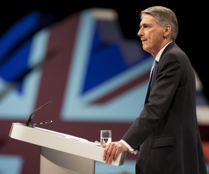Britain's Defense Secretary Philip Hammond speaking at a Conservative Party Conference in Manchester, England