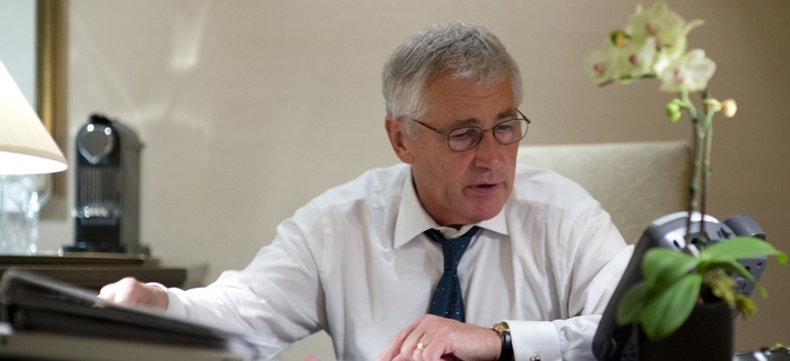 Defense Secretary Chuck Hagel talks to his top leaders during his trip to South Korea. Defense Secretary Chuck Hagel talks to his top leaders during his trip to South Korea.
