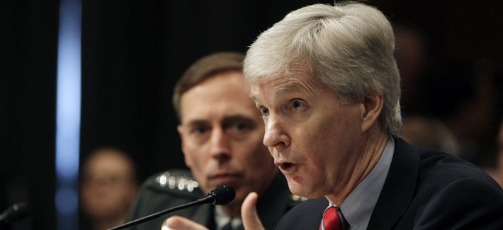 Amb. Ryan Crocker, right, accompanied by Gen. David Petraeus, testifies on Capitol Hill, Apr. 8, 2008. Amb. Ryan Crocker, right, accompanied by Gen. David Petraeus, testifies on Capitol Hill, Apr. 8, 2008.