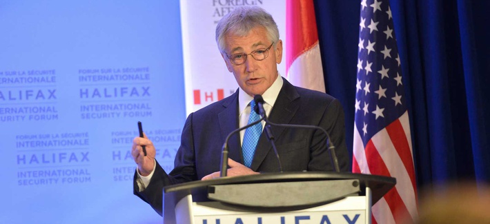 Defense Secretary Chuck Hagel speaking at the International Security Forum in Halifax, Nova Scotia, Canada. Defense Secretary Chuck Hagel speaking at the International Security Forum in Halifax, Nova Scotia, Canada.