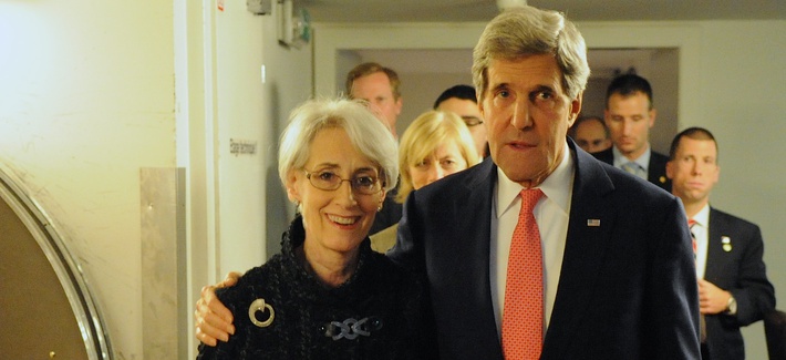 Secretary of State John Kerry with Under Secretary of State for Political Affairs Wendy Sherman after the P5+1 reached a nuclear deal with Iran in Geneva, Switzerland, Nov. 24, 2013. Secretary of State John Kerry with Under Secretary of State for Political Affairs Wendy Sherman after the P5+1 reached a nuclear deal with Iran in Geneva, Switzerland, Nov. 24, 2013.