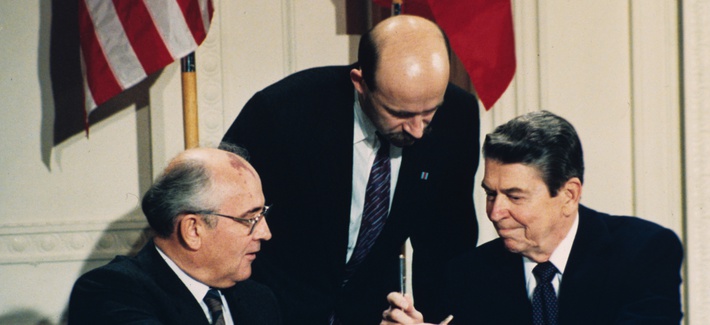 President Ronald Reagan and Soviet Premier Mikhail Gorbachev signing the 1987 Intermediate Range Nuclear Forces Treaty President Ronald Reagan and Soviet Premier Mikhail Gorbachev signing the 1987 Intermediate Range Nuclear Forces Treaty