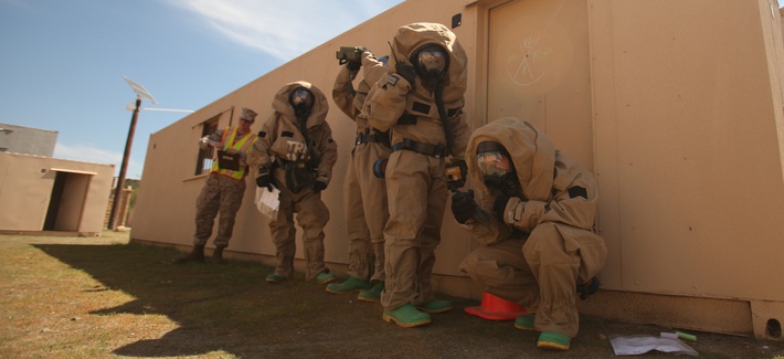 Chemical, biological, radiological and nuclear defense Marines with Headquarters Company, Combat Logistics Regiment 17, 1st Marine Logistics Group, train during a hazardous material course at Camp Pendleton, Calif., March 2013. Chemical, biological, radiological and nuclear defense Marines with Headquarters Company, Combat Logistics Regiment 17, 1st Marine Logistics Group, train during a hazardous material course at Camp Pendleton, Calif., March 2013.