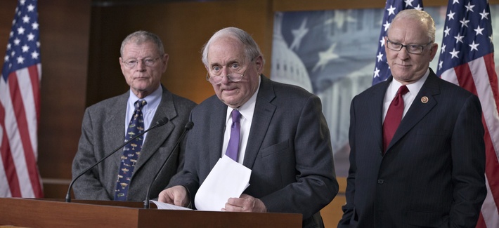 Sen. Carl Levin, D-Mich., Sen. Jim Inhofe, R-Okla., and Rep. Howard "Buck" McKeon, R-Calif., tell reporters about an agreement on the NDAA Sen. Carl Levin, D-Mich., Sen. Jim Inhofe, R-Okla., and Rep. Howard "Buck" McKeon, R-Calif., tell reporters about an agreement on the NDAA