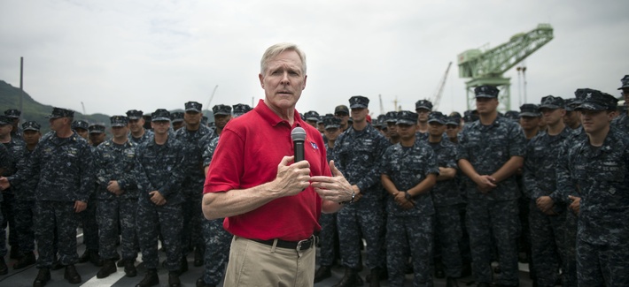 Navy Secretary Ray Mabus speaking to sailors during a visit to a base in Japan Navy Secretary Ray Mabus speaking to sailors during a visit to a base in Japan