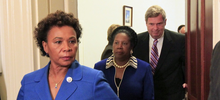 Rep. Barbara Lee, D-Calif., walks out of a meeting with Rep. Sheila Jackson, D-Texas, on Capitol Hill Rep. Barbara Lee, D-Calif., walks out of a meeting with Rep. Sheila Jackson, D-Texas, on Capitol Hill