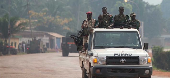 Chadian troops travelling on a road in Bangui, Central African Republic Chadian troops travelling on a road in Bangui, Central African Republic
