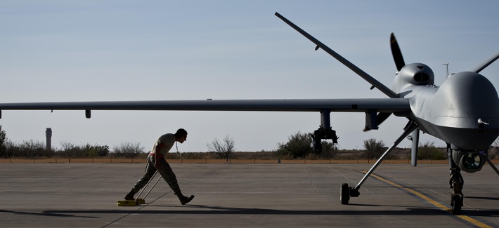 A MQ-9 Reaper taxis in at Holloman Air Force Base, N.M., April 24, 2013. A MQ-9 Reaper taxis in at Holloman Air Force Base, N.M., April 24, 2013.