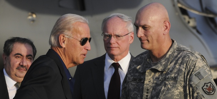 Vice President Joe Biden is greeted by Gen. Raymond Odierno, then-commander of U.S. forces in Iraq, in Baghdad in 2010.