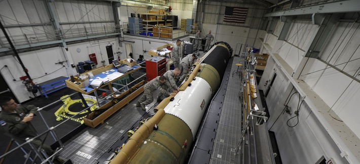 Airmen working on a Minuteman III ICBM at Vandenberg Air Force Base, Calif. Airmen working on a Minuteman III ICBM at Vandenberg Air Force Base, Calif.