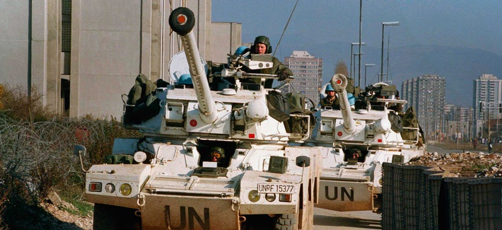 French troops riding in U.N armored vehicles in Sarajevo, Bosnia French troops riding in U.N armored vehicles in Sarajevo, Bosnia