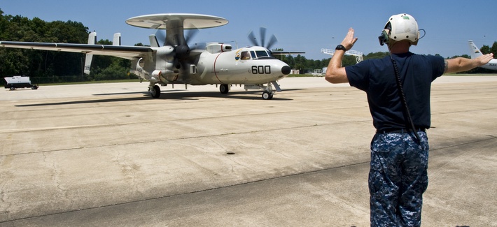 An E-2D Hawkeye with the Pioneers of Air Test and Evaluation Squadron preparing for takeoff An E-2D Hawkeye with the Pioneers of Air Test and Evaluation Squadron preparing for takeoff