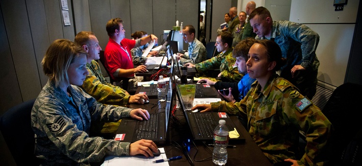 A cyber protection team at work at Combined Air and Space Operations Center, Nellis Air Force Base, during the Red Flag 14-1 exercise A cyber protection team at work at Combined Air and Space Operations Center, Nellis Air Force Base, during the Red Flag 14-1 exercise