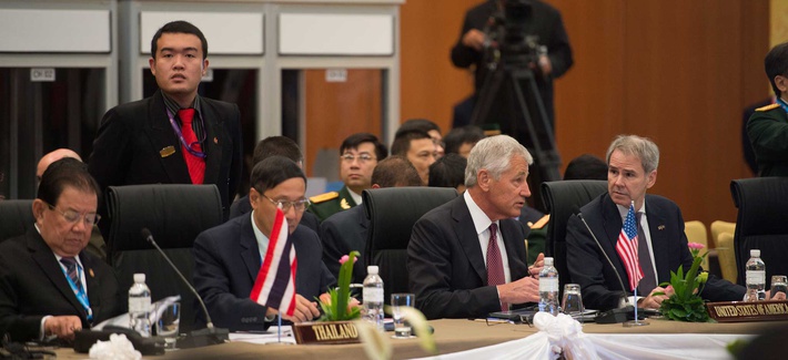 Defense Secretary Chuck Hagel during a ASEAN defense ministers meeting in August 2013 Defense Secretary Chuck Hagel during a ASEAN defense ministers meeting in August 2013
