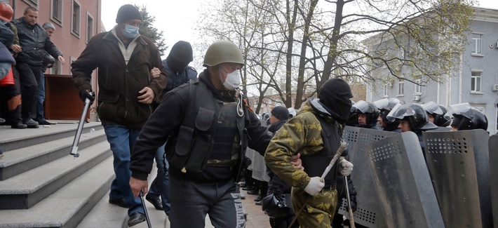 Pro-Russian activists leaving the office of the regional prosecutor in Donetsk, Ukraine Pro-Russian activists leaving the office of the regional prosecutor in Donetsk, Ukraine