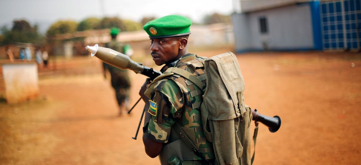 A Rwandan peacekeeper patrolling Bangui, Central African Republic A Rwandan peacekeeper patrolling Bangui, Central African Republic