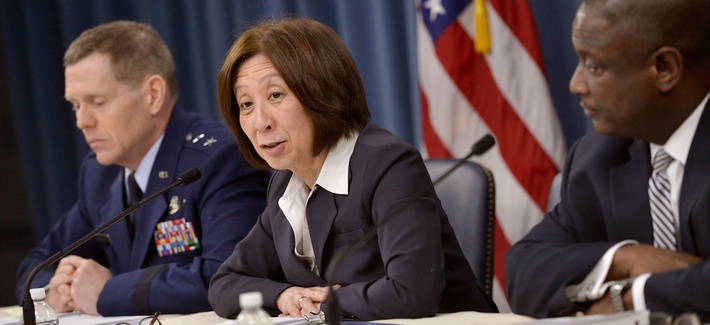 DOD CIO Teri Takai during a February 2014 press briefing on the Pentagon's new electromagnetic spectrum strategy DOD CIO Teri Takai during a February 2014 press briefing on the Pentagon's new electromagnetic spectrum strategy