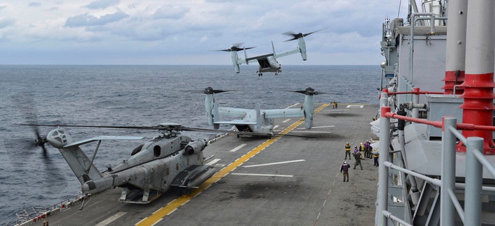 A group of MV-22 Ospreys taking off from the USS Bonhomme Richard during operations in the East China Sea A group of MV-22 Ospreys taking off from the USS Bonhomme Richard during operations in the East China Sea