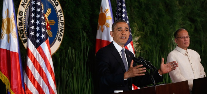 President Barack Obama and Philippine President Benigno Aquino III shake hands at the conclusion of a joint news conference at Malacanang Palace in Manila, Philippines, Monday, April 28, 2014. President Barack Obama and Philippine President Benigno Aquino III shake hands at the conclusion of a joint news conference at Malacanang Palace in Manila, Philippines, Monday, April 28, 2014.