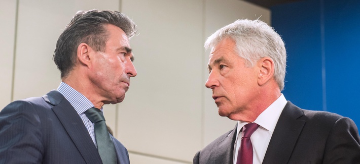 Defense Secretary Chuck Hagel talks with NATO Secretary General Anders Fogh Rasmussen ahead of a meeting of NATO defense ministers and NATO-Ukraine Commission at NATO headquarters in Brussels on Feb. 27, 2014. Defense Secretary Chuck Hagel talks with NATO Secretary General Anders Fogh Rasmussen ahead of a meeting of NATO defense ministers and NATO-Ukraine Commission at NATO headquarters in Brussels on Feb. 27, 2014.
