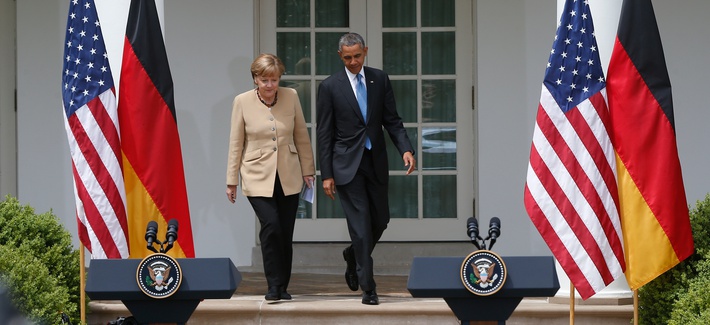 President Barack Obama and German Chancellor Angela Merkel arrive for a joint news conference in the Rose Garden at the White House in Washington, May 2, 2014. President Barack Obama and German Chancellor Angela Merkel arrive for a joint news conference in the Rose Garden at the White House in Washington, May 2, 2014.