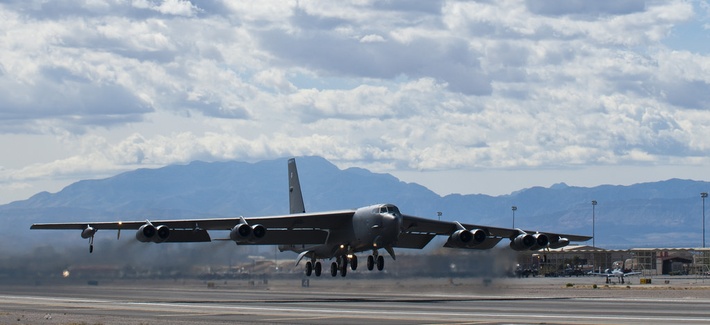 A B-52H assigned to the 96th Bomb Squadron takes off from Nellis AFB, Nev. during Exercise Red Flag. A B-52H assigned to the 96th Bomb Squadron takes off from Nellis AFB, Nev. during Exercise Red Flag.