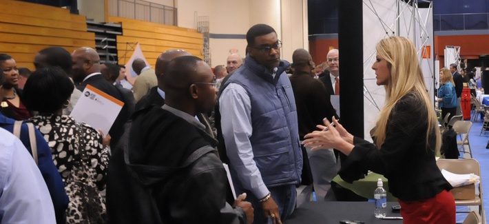 Soldiers and veterans at Fort Jackson attend a job fair held by the Chamber of Commerce. Soldiers and veterans at Fort Jackson attend a job fair held by the Chamber of Commerce.