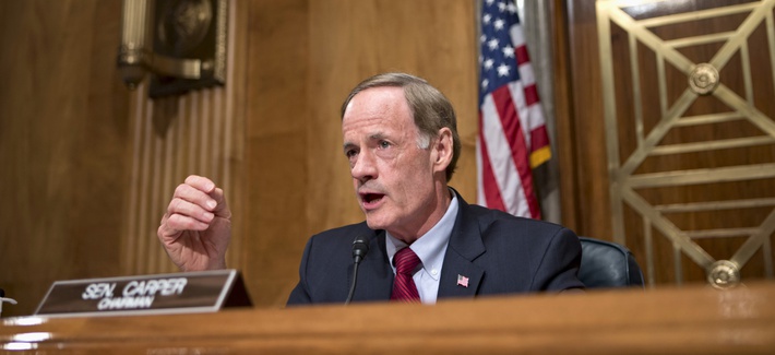Sen. Tom Carper, D-Del, speaks during a hearing of the Senate Homeland Security and Governmental Affairs Committee. Sen. Tom Carper, D-Del, speaks during a hearing of the Senate Homeland Security and Governmental Affairs Committee.