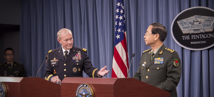 Joint Chiefs Chairman Gen. Martin Dempsey welcomes Gen. Fang Fenghui, chief of general staff for the People’s Liberation Army, during a joint press conference Thursday at the Pentagon. Joint Chiefs Chairman Gen. Martin Dempsey welcomes Gen. Fang Fenghui, chief of general staff for the People’s Liberation Army, during a joint press conference Thursday at the Pentagon.