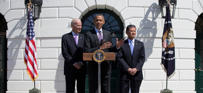 President Barack Obama, flanked by Veterans Affairs Secretary Eric Shinseki, right, and Vice President Joe Biden, welcome the Wounded Warrior Project’s Soldier Ride to the South Lawn of the White House on April 17, 2014. President Barack Obama, flanked by Veterans Affairs Secretary Eric Shinseki, right, and Vice President Joe Biden, welcome the Wounded Warrior Project’s Soldier Ride to the South Lawn of the White House on April 17, 2014.