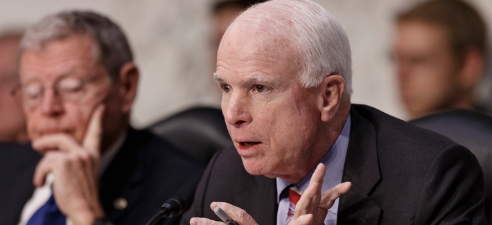 Sen. John McCain, R-Ariz., questions Defense Secretary Chuck Hagel on Capitol Hill in Washington, March 5, 2014, during the Senate Armed Services Committee hearing on the Pentagon’s fiscal year 2015 budget. Sen. John McCain, R-Ariz., questions Defense Secretary Chuck Hagel on Capitol Hill in Washington, March 5, 2014, during the Senate Armed Services Committee hearing on the Pentagon’s fiscal year 2015 budget.