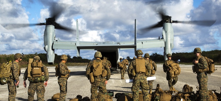 Troops with the Marine Air-Ground Task Force disembark from an MV-22B Osprey at Baker runway in the Philippines on December 9, 2013. Troops with the Marine Air-Ground Task Force disembark from an MV-22B Osprey at Baker runway in the Philippines on December 9, 2013.