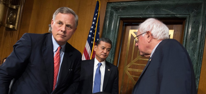 Veterans Affairs Secretary Eric Shinseki, center, meets with Senate Veterans Affairs Committee Chairman Sen. Bernie Sanders, I-Vt., right, and the committee's ranking member Sen. Richard Burr, R-N.C., in Washington, May 15, 2014. Veterans Affairs Secretary Eric Shinseki, center, meets with Senate Veterans Affairs Committee Chairman Sen. Bernie Sanders, I-Vt., right, and the committee's ranking member Sen. Richard Burr, R-N.C., in Washington, May 15, 2014.