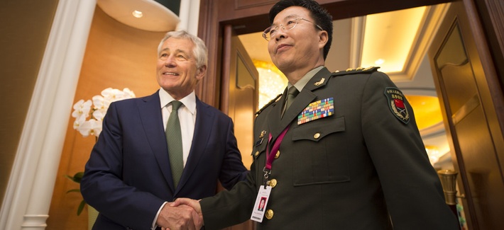 Defense Secretary Chuck Hagel meets with Lt. Gen. Wang Guanzhong, the deputy chief of the General Staff of China at the Shangri-La Dialogue in Singapore on Saturday. Defense Secretary Chuck Hagel meets with Lt. Gen. Wang Guanzhong, the deputy chief of the General Staff of China at the Shangri-La Dialogue in Singapore on Saturday.