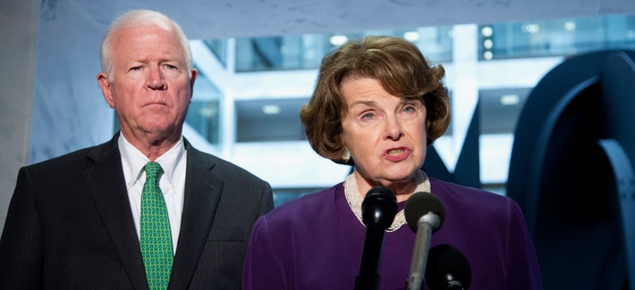 Senate Intelligence Committee Chair Sen. Dianne Feinstein, D-Calif., and Vice Chair Sen. Saxby Chambliss, R-Ga., speak to reporters on Capitol Hill on June 3, 2014. Senate Intelligence Committee Chair Sen. Dianne Feinstein, D-Calif., and Vice Chair Sen. Saxby Chambliss, R-Ga., speak to reporters on Capitol Hill on June 3, 2014.