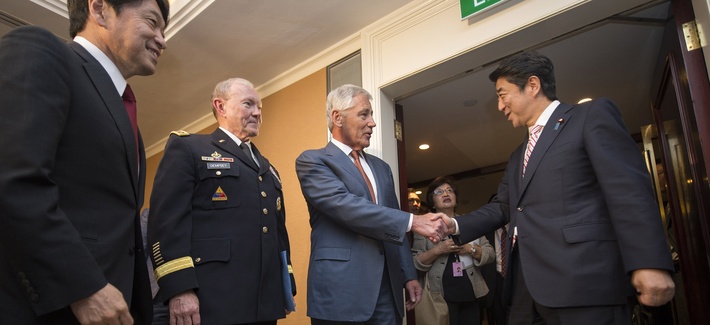 Defense Secretary Chuck Hagel and Joint Chiefs Chairman Gen. Martin Dempsey meet with Japanese Prime Minister Shinzo Abe at the Shangri La Hotel in Singapore, on May 30, 2014. Defense Secretary Chuck Hagel and Joint Chiefs Chairman Gen. Martin Dempsey meet with Japanese Prime Minister Shinzo Abe at the Shangri La Hotel in Singapore, on May 30, 2014.
