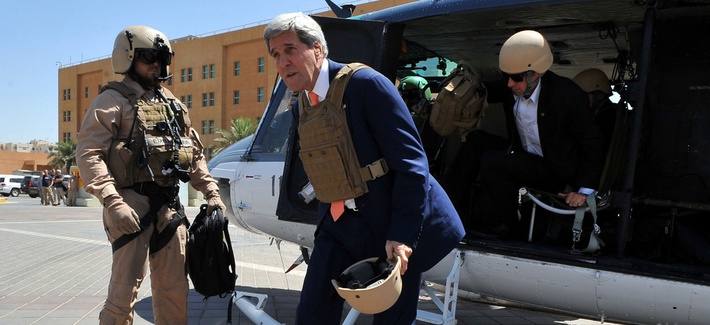 Secretary of State John Kerry steps off a helicopter after arriving at U.S. Embassy Baghdad for meetings with Iraqi government officials, on June 23, 2014. Secretary of State John Kerry steps off a helicopter after arriving at U.S. Embassy Baghdad for meetings with Iraqi government officials, on June 23, 2014.