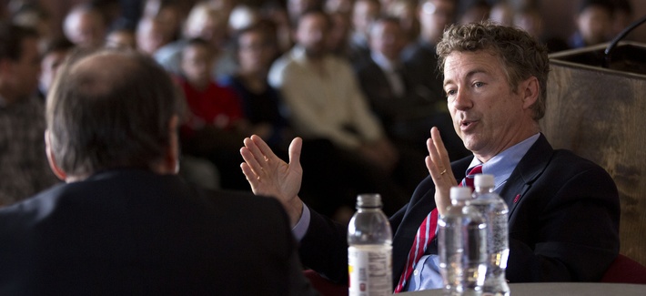 Sen. Rand Paul, R-Ky., speaks with David Axelrod during an event at the University of Chicago, on April 22, 2014. Sen. Rand Paul, R-Ky., speaks with David Axelrod during an event at the University of Chicago, on April 22, 2014.