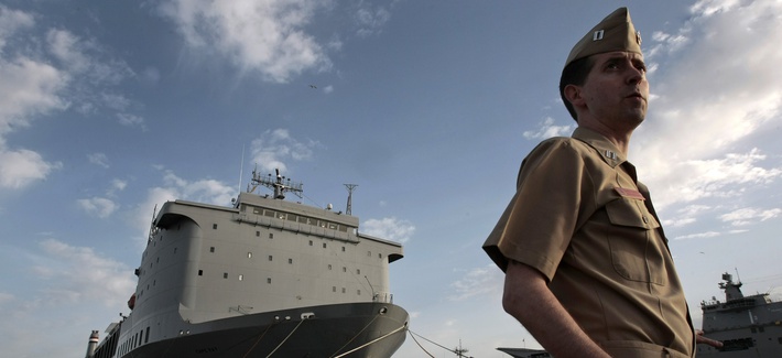 A sailor in Rota, Spain stands besides the MV Cape Ray, the American ship that will be used to neutralize Syria's chemical weapons stockpile, on April 10, 2014. A sailor in Rota, Spain stands besides the MV Cape Ray, the American ship that will be used to neutralize Syria's chemical weapons stockpile, on April 10, 2014.