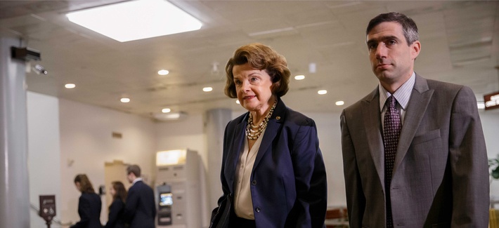 Senate Intelligence Committee Chair Sen. Dianne Feinstein, D-Calif., walks with a staff member to a closed door briefing with intelligence officials, on June 4, 2014. Senate Intelligence Committee Chair Sen. Dianne Feinstein, D-Calif., walks with a staff member to a closed door briefing with intelligence officials, on June 4, 2014.