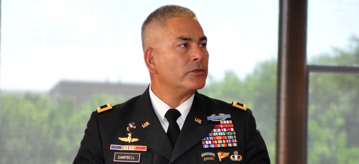 Gen. John Campbell, at the time a three-star commanding general of the 101st Airborne Division (Air Assault) visits the Chicago Pritzker Military Library for an interview and to celebrate the Army's 236th birthday on June 14, 2011. Gen. John Campbell, at the time a three-star commanding general of the 101st Airborne Division (Air Assault) visits the Chicago Pritzker Military Library for an interview and to celebrate the Army's 236th birthday on June 14, 2011.