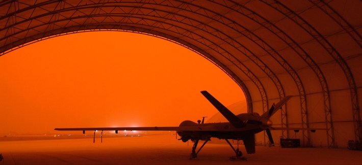 An MQ-9 Reaper sits in a hanger during a sandstorm at Joint Base Balad, Iraq, Sept. 15, 2008. An MQ-9 Reaper sits in a hanger during a sandstorm at Joint Base Balad, Iraq, Sept. 15, 2008.